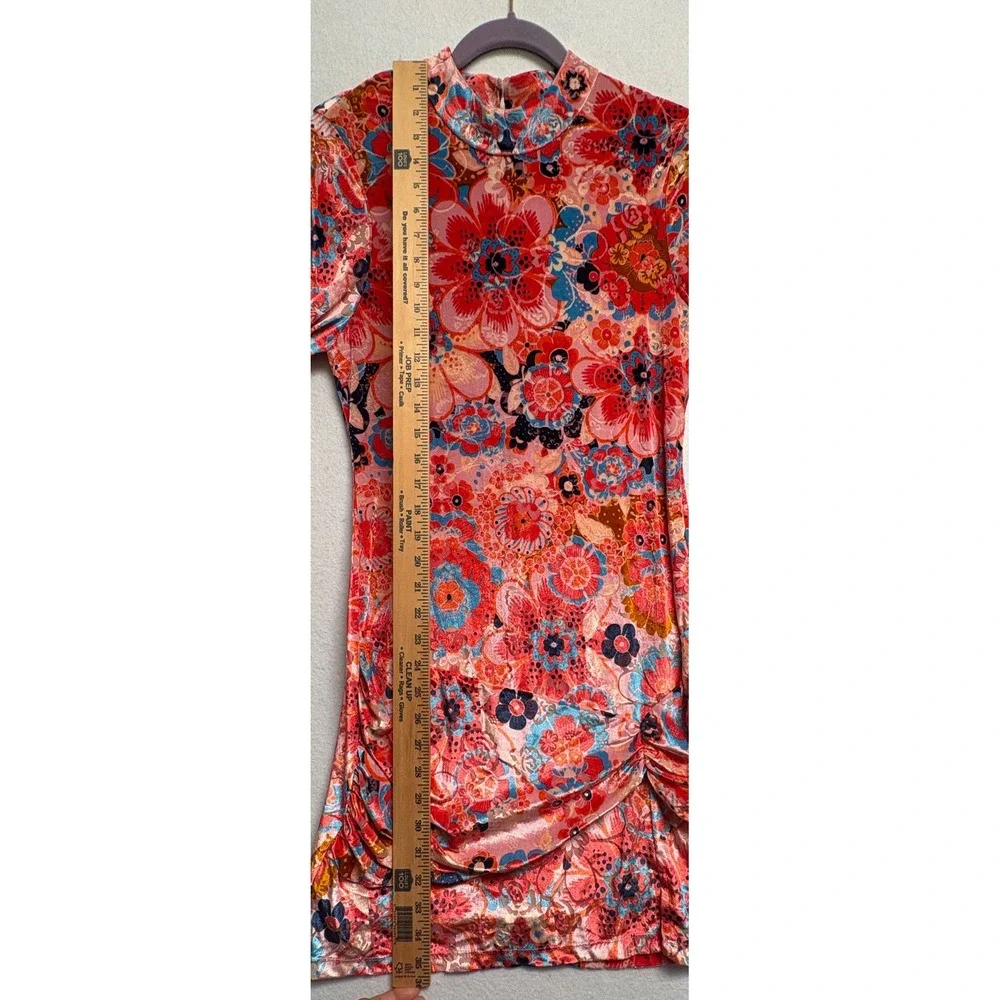 Free People Floral Velvet Mock Neck Open Back Mini Dress Pink Orange Blue Small